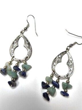 Boho Silver Tone Teardrop Earrings with Blue & Green Gemstone Chip Dangles